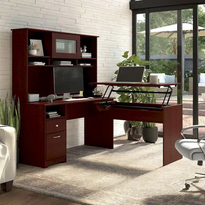 Bureau assis-debout en L 3 positions 60W avec huche