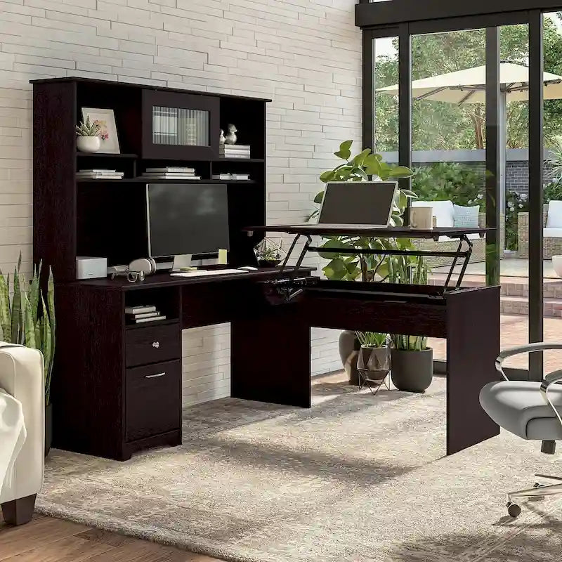 Bureau assis-debout en L 3 positions 60W avec huche