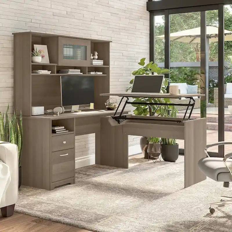 Bureau assis-debout en L 3 positions 60W avec huche