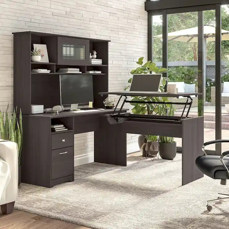 Bureau assis-debout en L 3 positions 60W avec huche