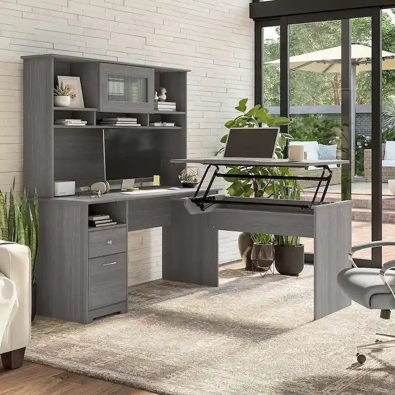 Bureau assis-debout en L 3 positions 60W avec huche