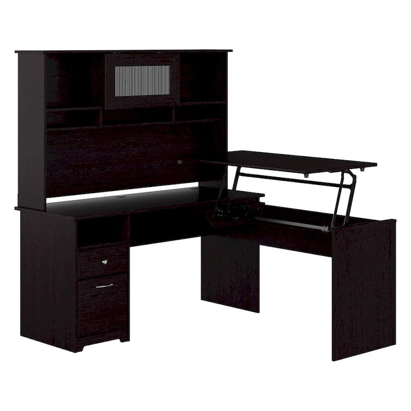 Bureau assis-debout en L 3 positions 60W avec huche