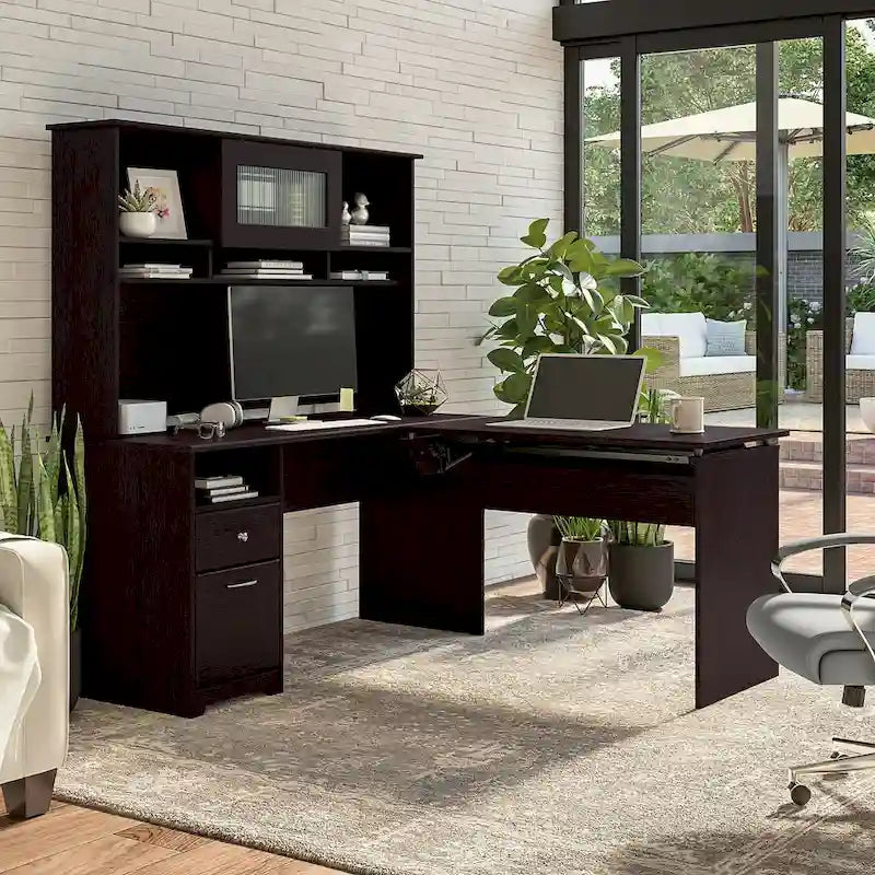 Bureau assis-debout en L 3 positions 60W avec huche