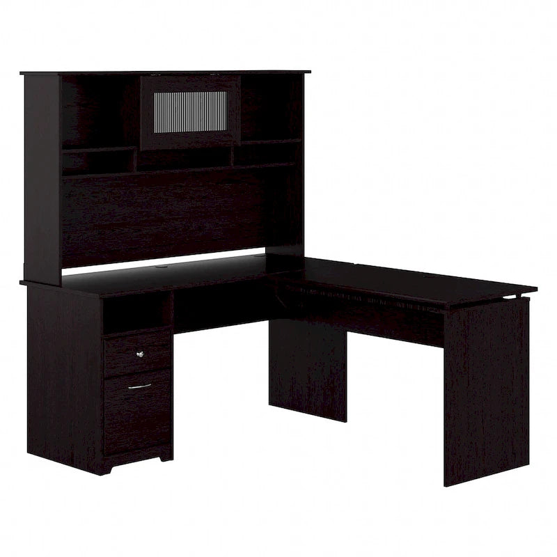 Bureau assis-debout en L 3 positions 60W avec huche