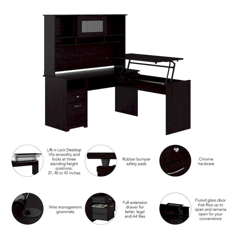 Bureau assis-debout en L 3 positions 60W avec huche