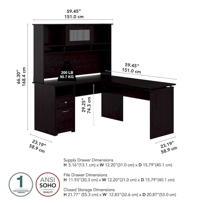 Bureau assis-debout en L 3 positions 60W avec huche