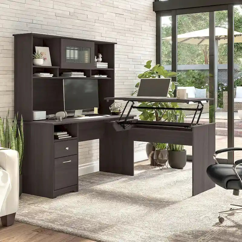 Bureau assis-debout en L 3 positions 60W avec huche
