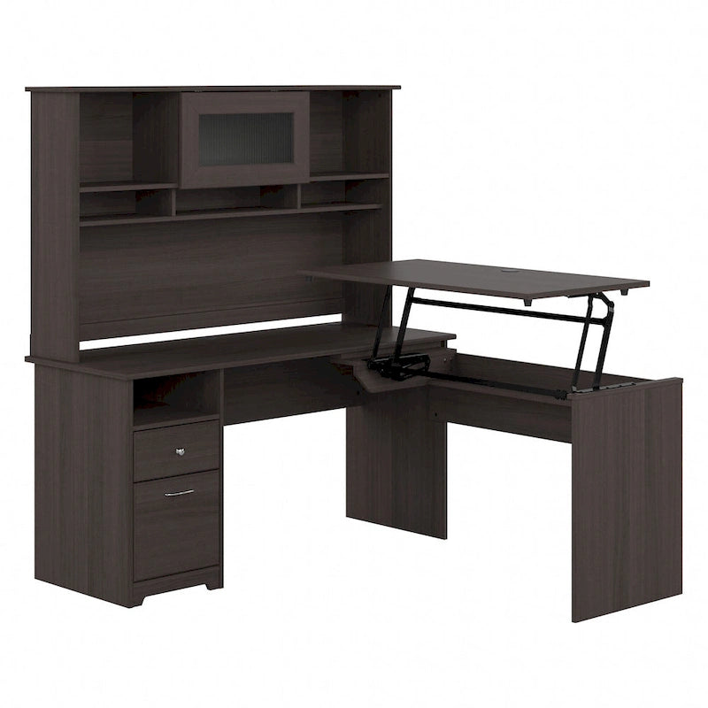 Bureau assis-debout en L 3 positions 60W avec huche
