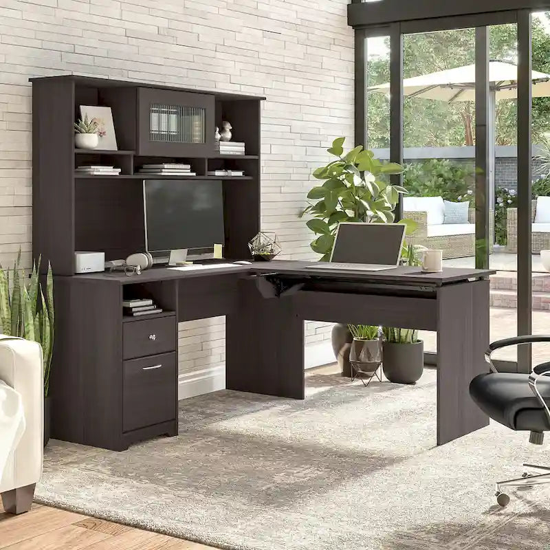 Bureau assis-debout en L 3 positions 60W avec huche
