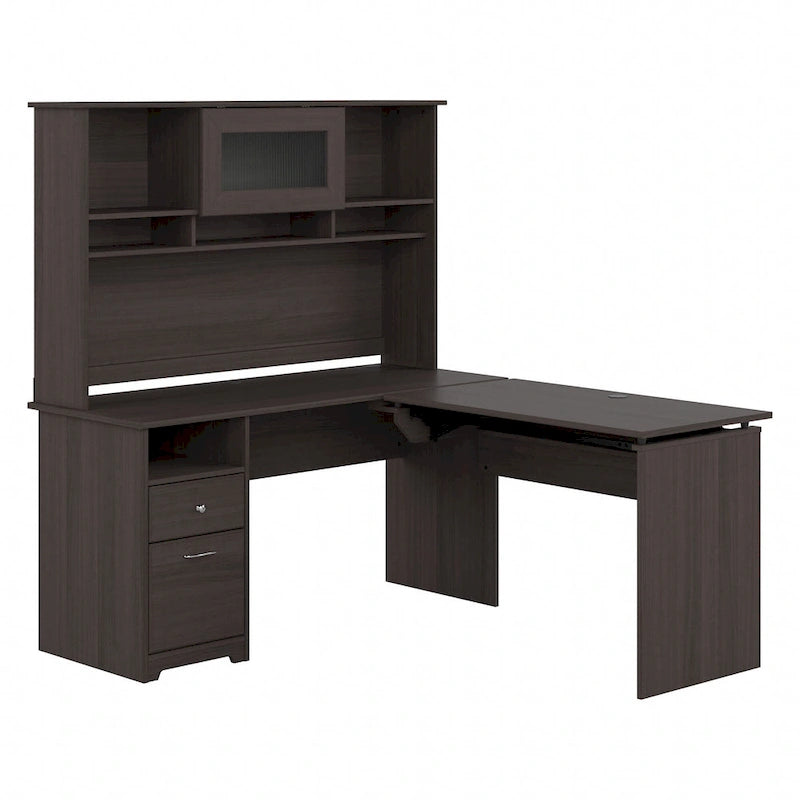 Bureau assis-debout en L 3 positions 60W avec huche