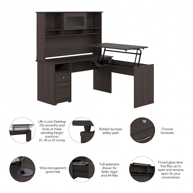 Bureau assis-debout en L 3 positions 60W avec huche
