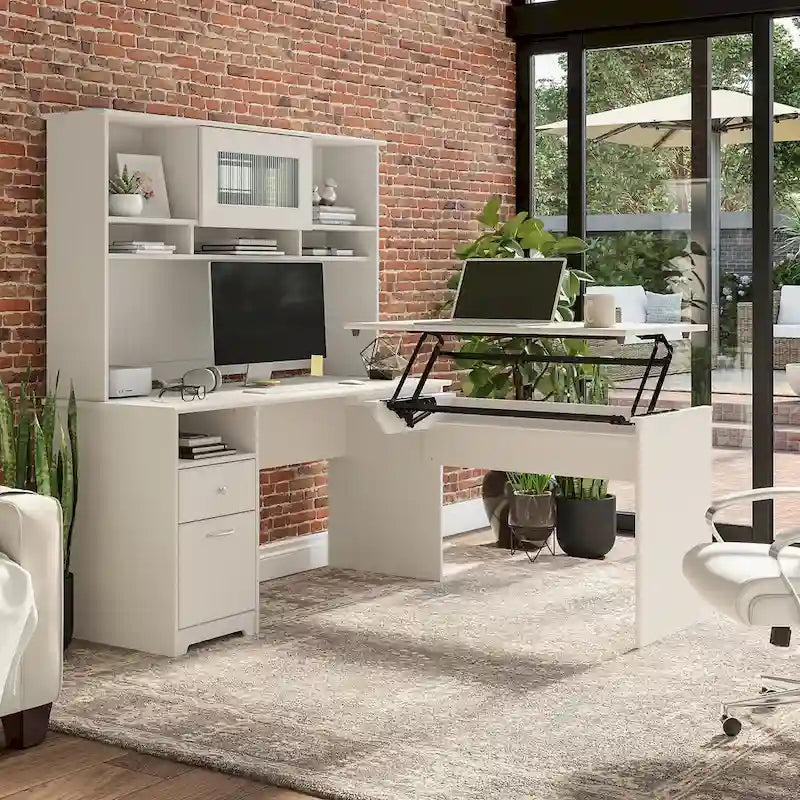 Bureau assis-debout en L 3 positions 60W avec huche