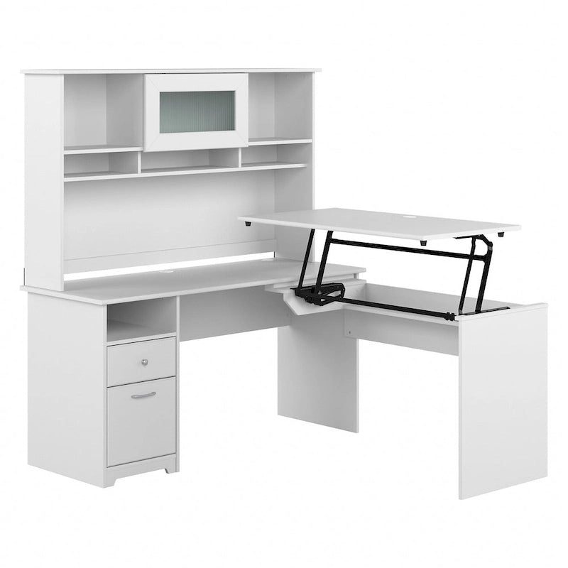 Bureau assis-debout en L 3 positions 60W avec huche