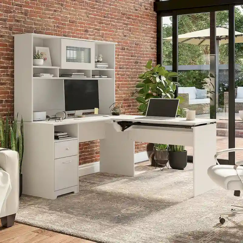 Bureau assis-debout en L 3 positions 60W avec huche