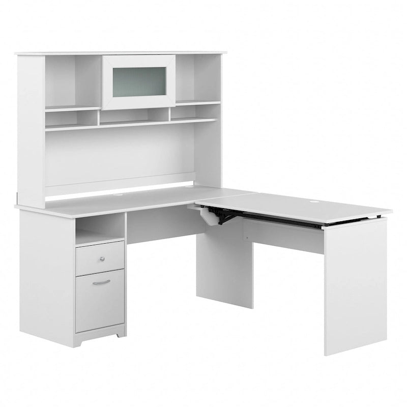 Bureau assis-debout en L 3 positions 60W avec huche