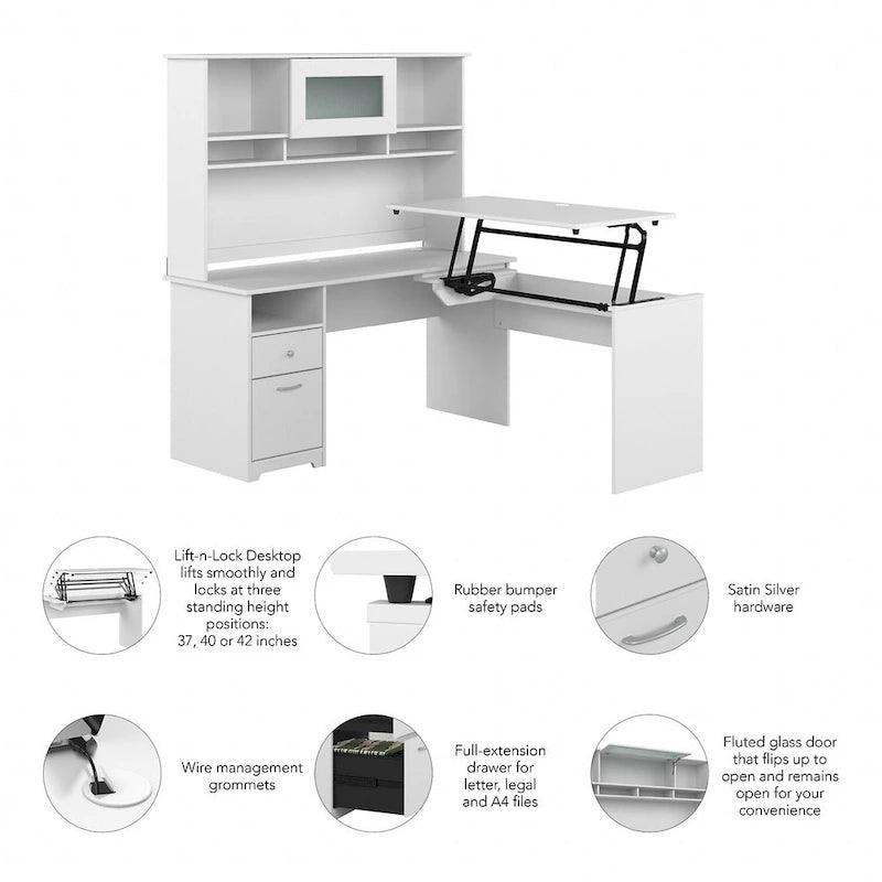 Bureau assis-debout en L 3 positions 60W avec huche