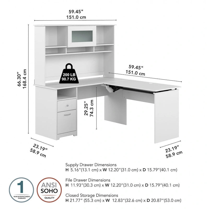 Bureau assis-debout en L 3 positions 60W avec huche