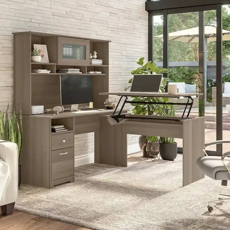 Bureau assis-debout en L 3 positions 60W avec huche