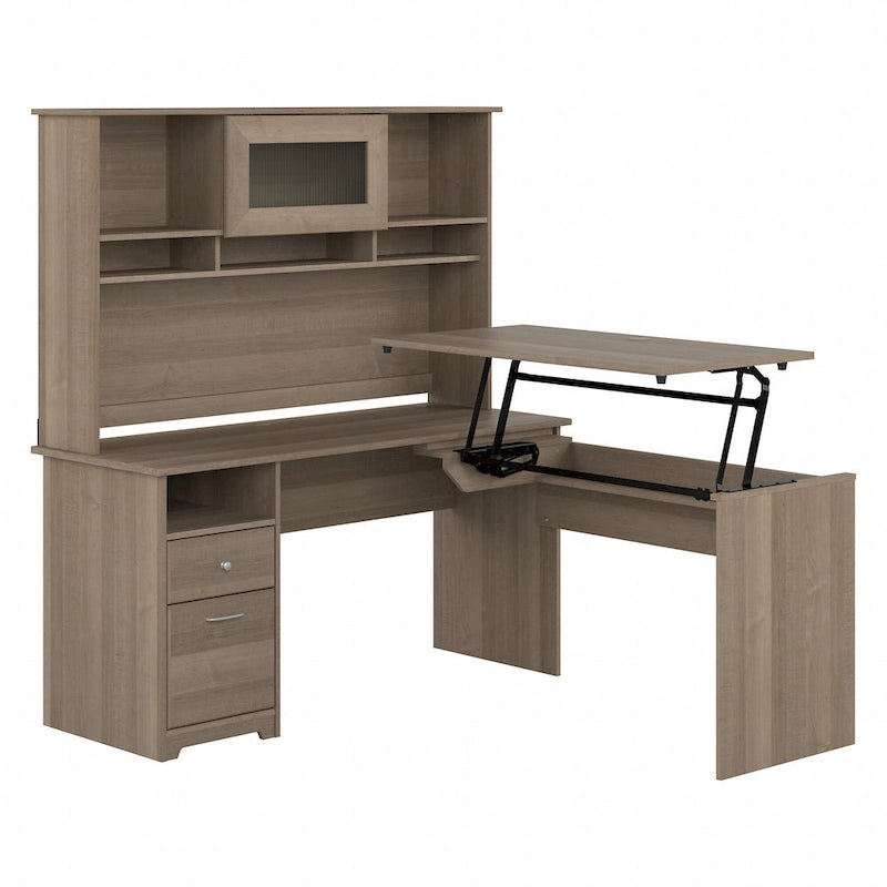 Bureau assis-debout en L 3 positions 60W avec huche