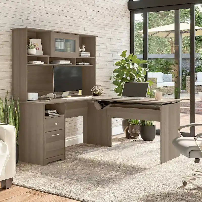 Bureau assis-debout en L 3 positions 60W avec huche