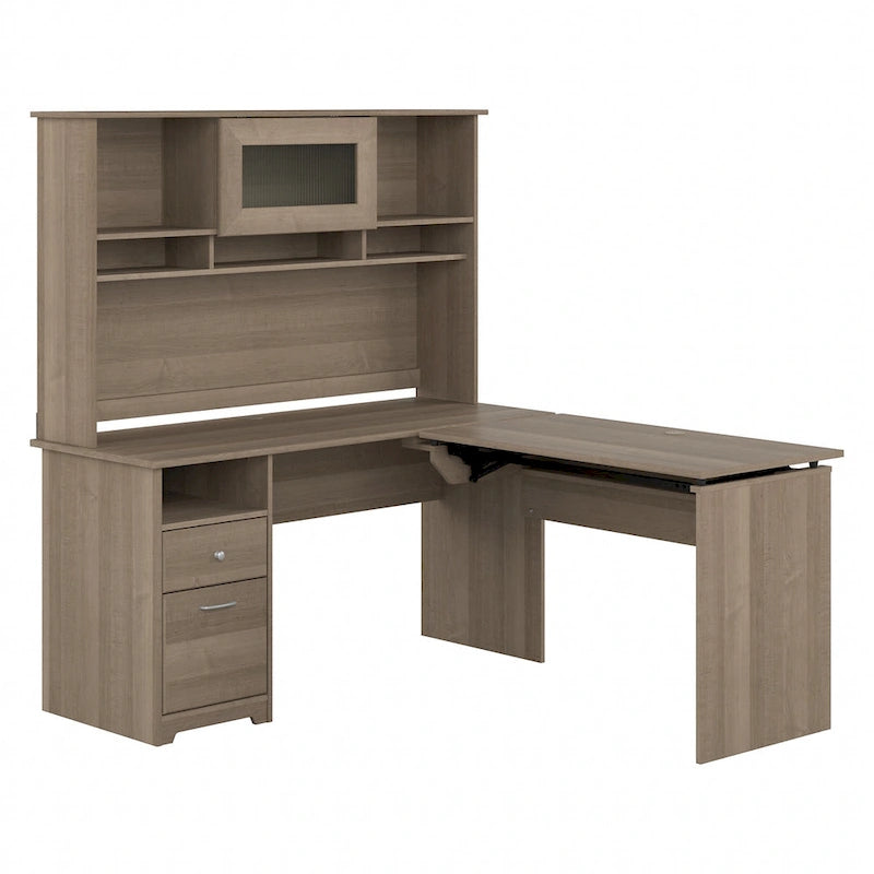 Bureau assis-debout en L 3 positions 60W avec huche