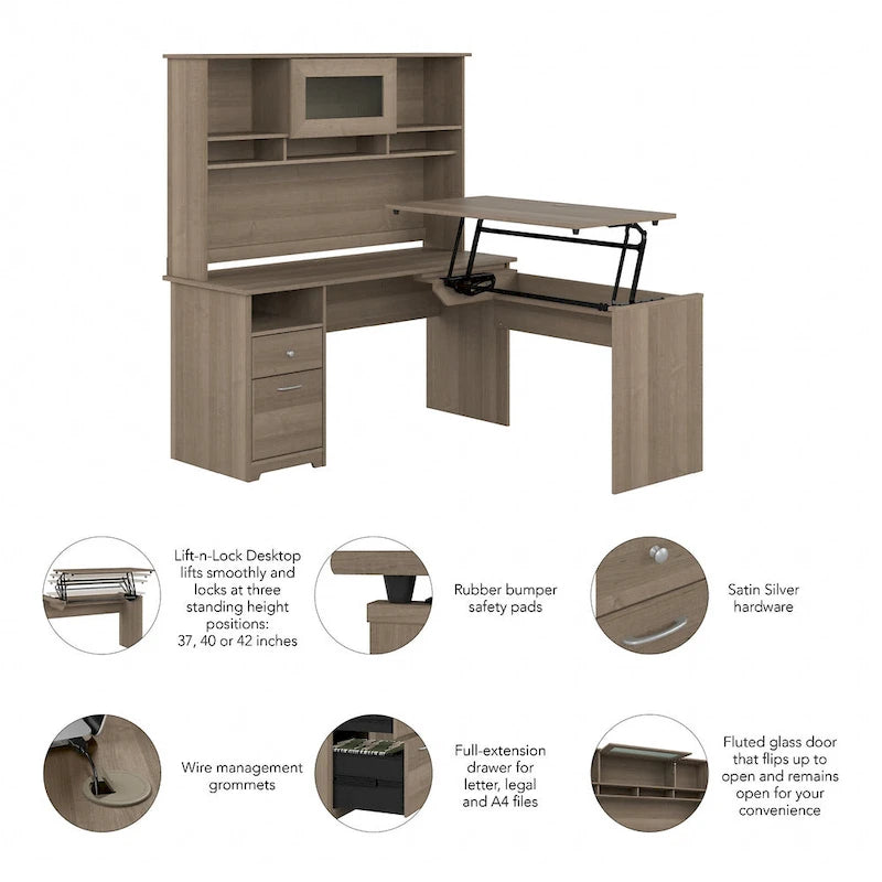 Bureau assis-debout en L 3 positions 60W avec huche