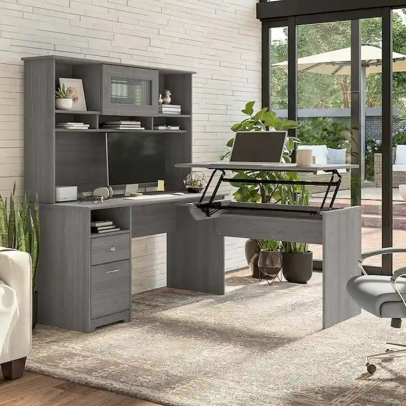 Bureau assis-debout en L 3 positions 60W avec huche
