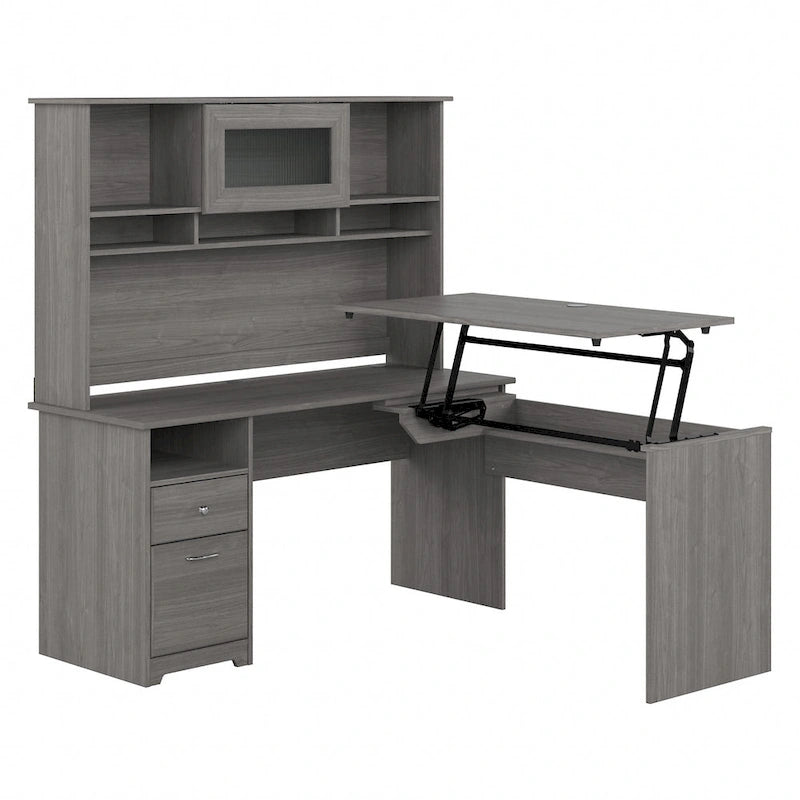 Bureau assis-debout en L 3 positions 60W avec huche