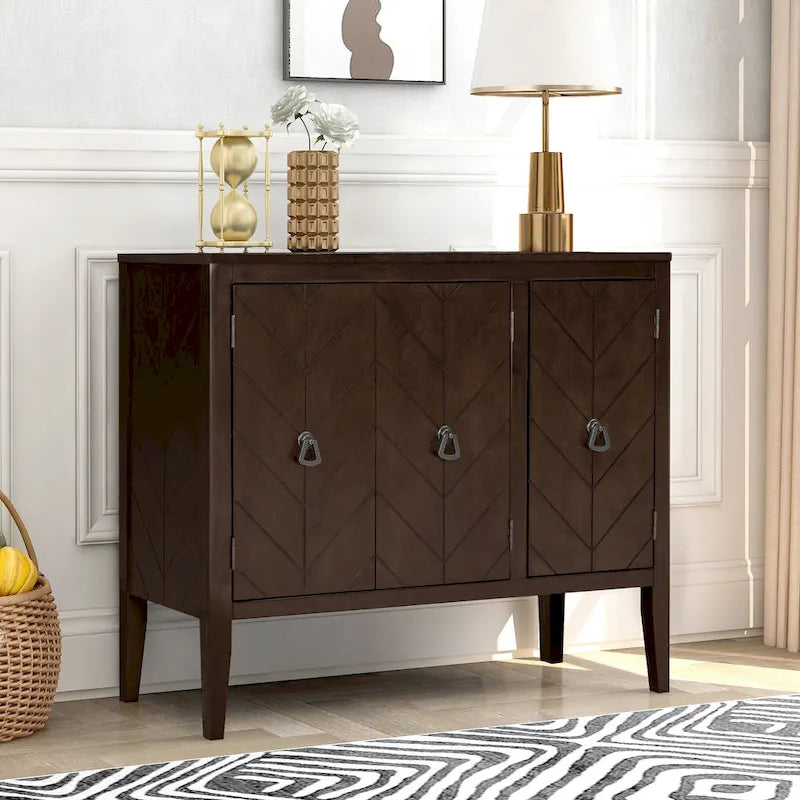 Buffet de rangement à étagères réglables avec poignées métalliques rétro et pieds en pin