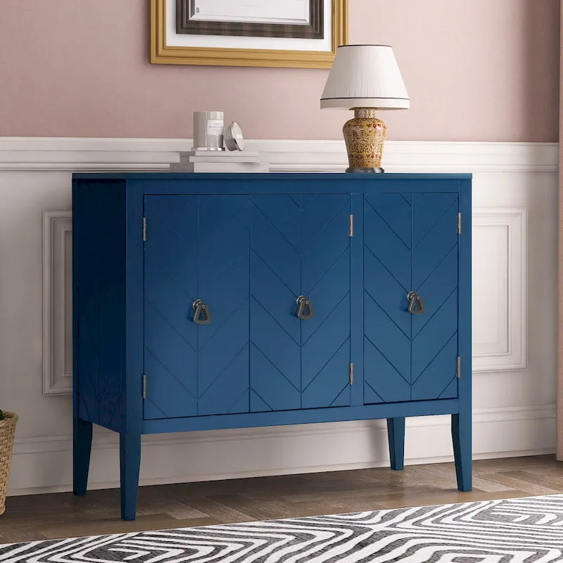 Buffet de rangement à étagères réglables avec poignées métalliques rétro et pieds en pin