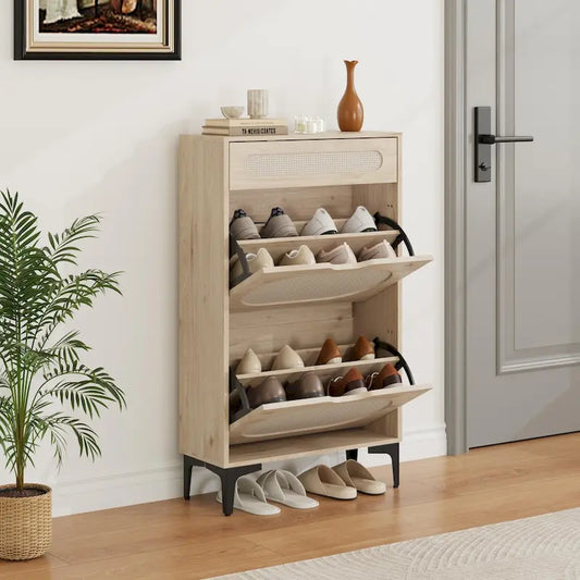 Meuble à chaussures, Rangement à chaussures en rotin avec 2 tiroirs basculants et 1 tiroir coulissant, Pieds en métal robustes