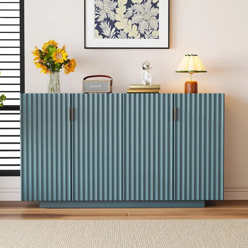 Meuble buffet avec 4 portes cannelées, buffet de rangement, meuble de rangement en bois avec étagères réglables