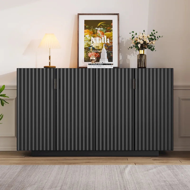 Meuble buffet avec 4 portes cannelées, buffet de rangement, meuble de rangement en bois avec étagères réglables