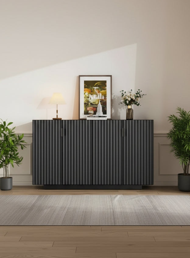 Buffet Cabinet with 4 Fluted Doors, Sideboard Cabinet with Storage, Wooden Storage Cabinet with Adjustable Shelves