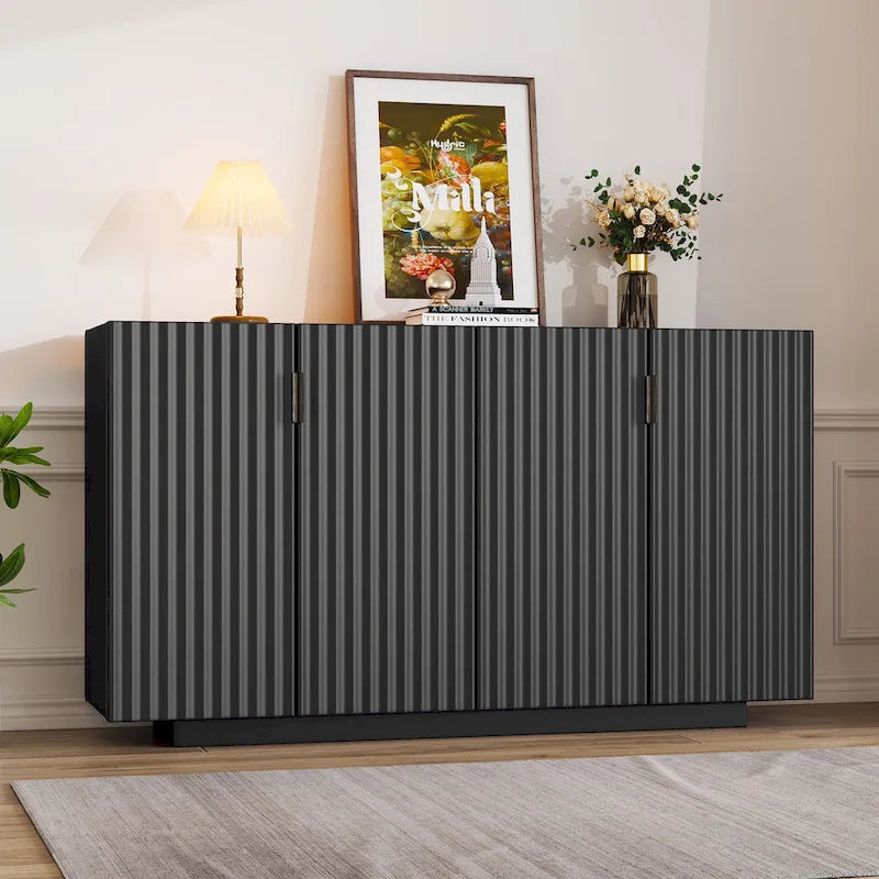 Meuble buffet avec 4 portes cannelées, buffet de rangement, meuble de rangement en bois avec étagères réglables