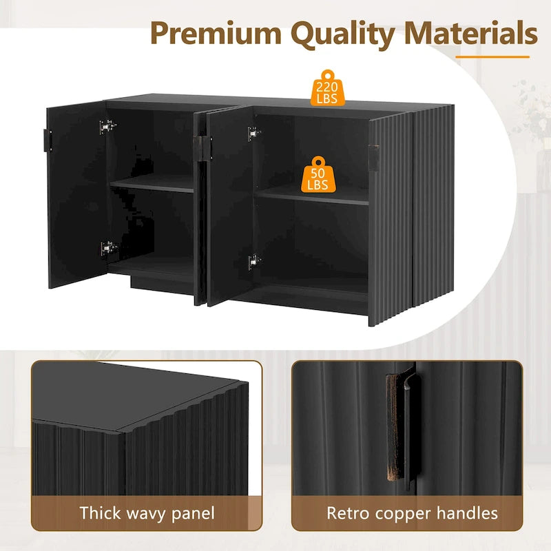 Meuble buffet avec 4 portes cannelées, buffet de rangement, meuble de rangement en bois avec étagères réglables