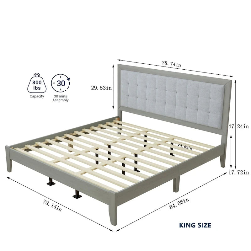 Lit King-size avec plateforme en bois massif et tête de lit rembourrée