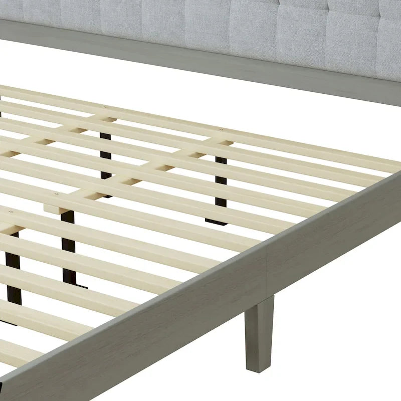Lit King-size avec plateforme en bois massif et tête de lit rembourrée