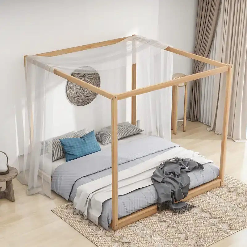Lit plateforme moderne à baldaquin bas, cadre de lit à baldaquin en bois avec pieds de support, pour enfants, adolescents et adultes, aucun sommier tapissier requis