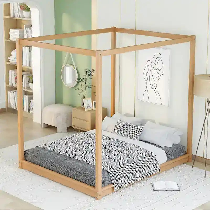 Lit plateforme moderne à baldaquin bas, cadre de lit à baldaquin en bois avec pieds de support, pour enfants, adolescents et adultes, aucun sommier tapissier requis