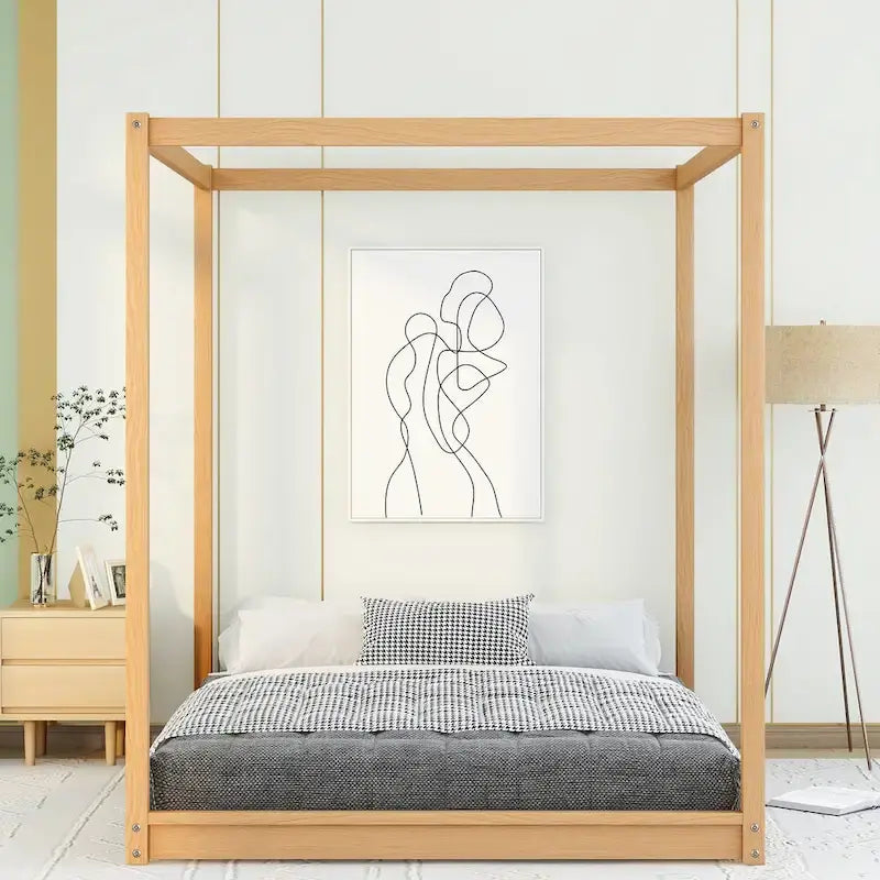 Lit plateforme moderne à baldaquin bas, cadre de lit à baldaquin en bois avec pieds de support, pour enfants, adolescents et adultes, aucun sommier tapissier requis