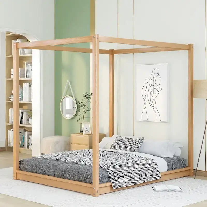 Lit plateforme moderne à baldaquin bas, cadre de lit à baldaquin en bois avec pieds de support, pour enfants, adolescents et adultes, aucun sommier tapissier requis