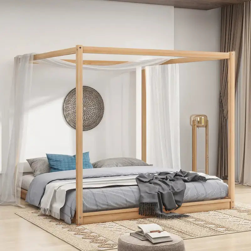 Lit plateforme moderne à baldaquin bas, cadre de lit à baldaquin en bois avec pieds de support, pour enfants, adolescents et adultes, aucun sommier tapissier requis
