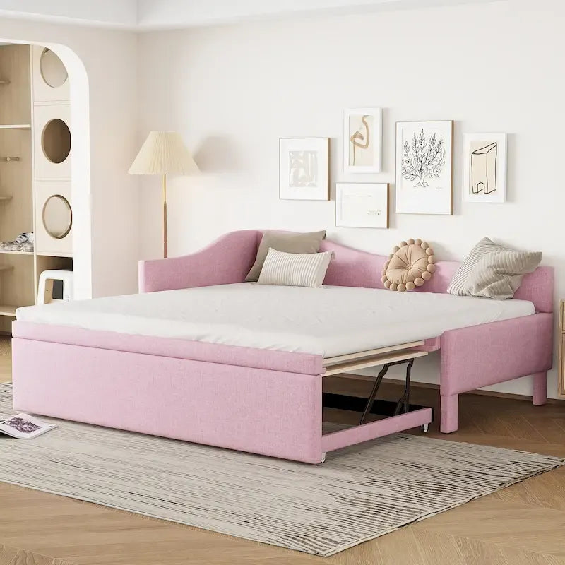 Lit de jour rembourré en forme de L, taille double, avec lit gigogne escamotable, rose