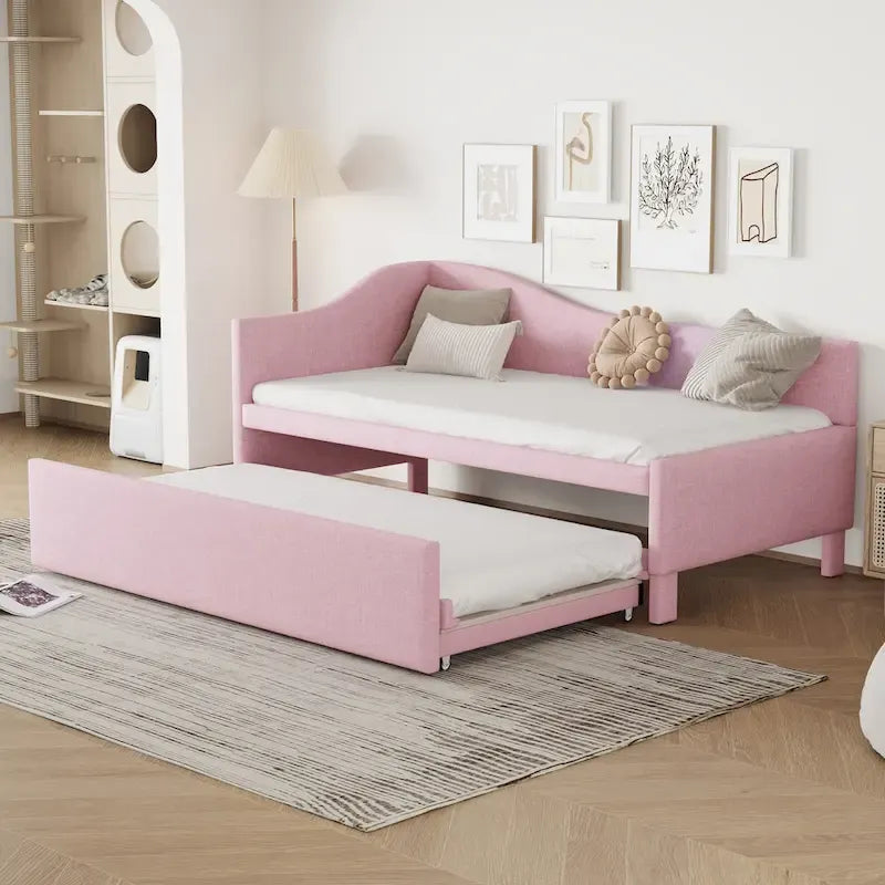 Lit de jour rembourré en forme de L, taille double, avec lit gigogne escamotable, rose