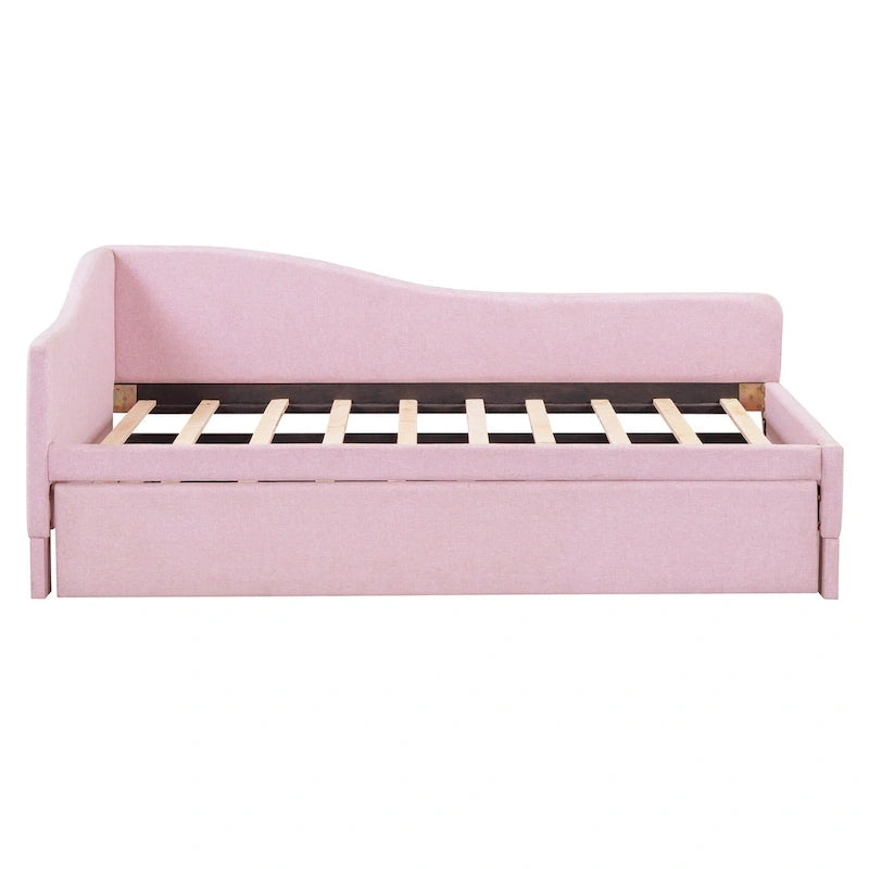 Lit de jour rembourré en forme de L, taille double, avec lit gigogne escamotable, rose