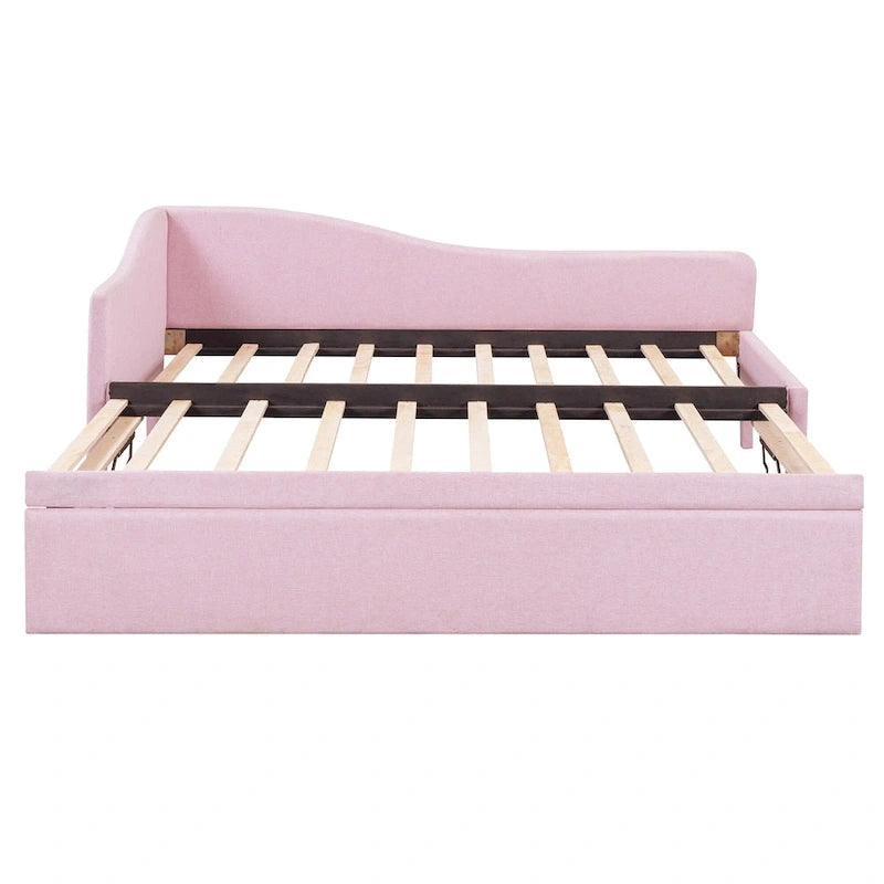 Lit de jour rembourré en forme de L, taille double, avec lit gigogne escamotable, rose