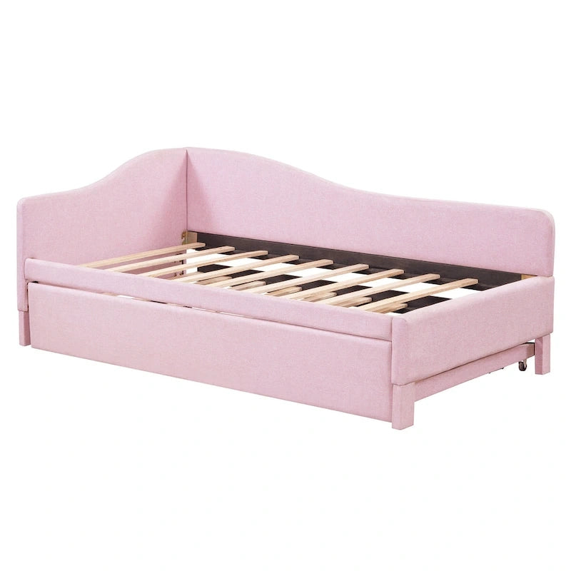 Lit de jour rembourré en forme de L, taille double, avec lit gigogne escamotable, rose