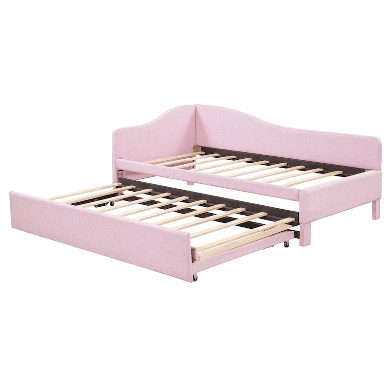 Lit de jour rembourré en forme de L, taille double, avec lit gigogne escamotable, rose