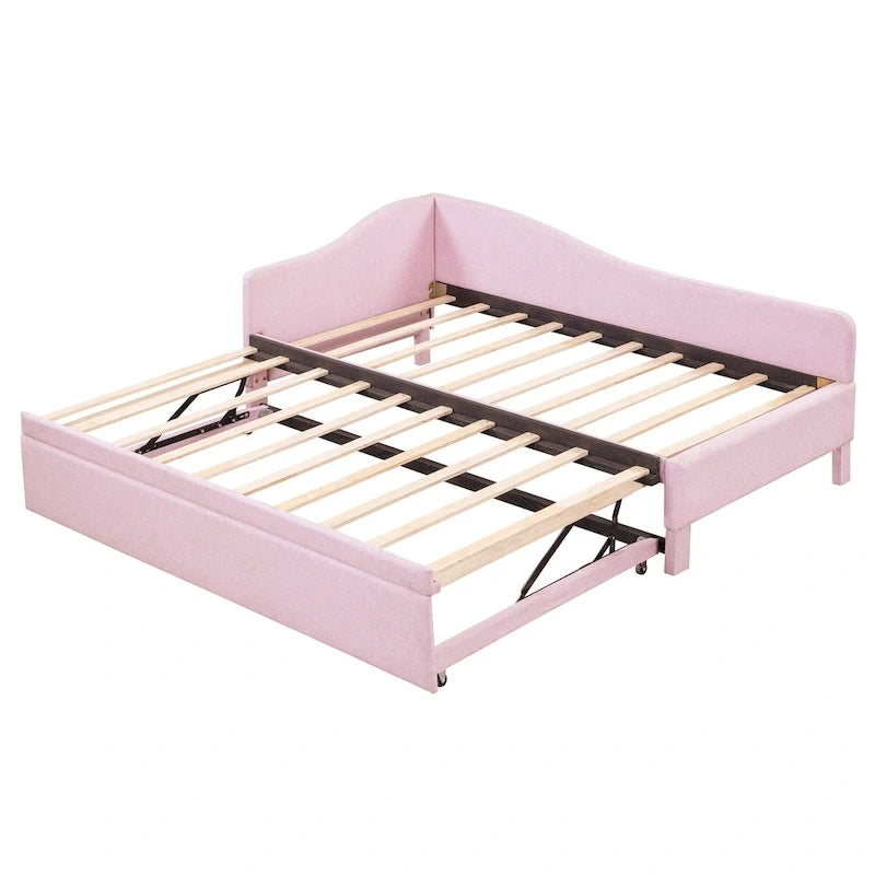 Lit de jour rembourré en forme de L, taille double, avec lit gigogne escamotable, rose